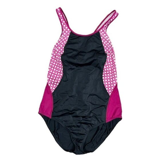 Lands' End Women's Swimsuit One Piece Cross Back Black Magenta Size 16 - Picture 1 of 10